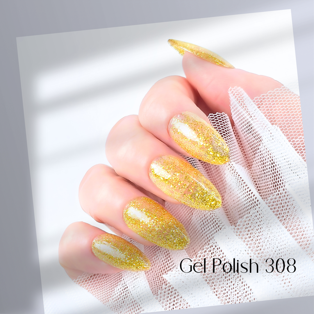 Four nails painted with White Diamond Nails gel polish in Sunrise Radiance, shade 308, arranged to highlight the shimmering golden color with glitter, creating a radiant and glamorous effect, set against a minimalist background.