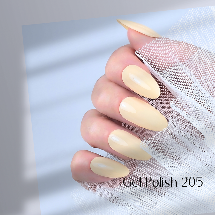 Four nails painted with White Diamond Nails gel polish in Creamy Caramel, shade 205, arranged to highlight the rich caramel color with a smooth, glossy finish, creating a warm and elegant look, set against a minimalist background.