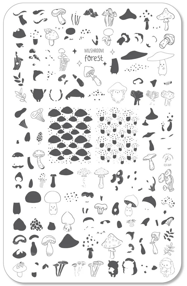 Clear Jelly Stamper CjS-369 Mushroom Forest stamping plate in black and white, displaying intricate mushroom and forest-themed patterns for nail art.
