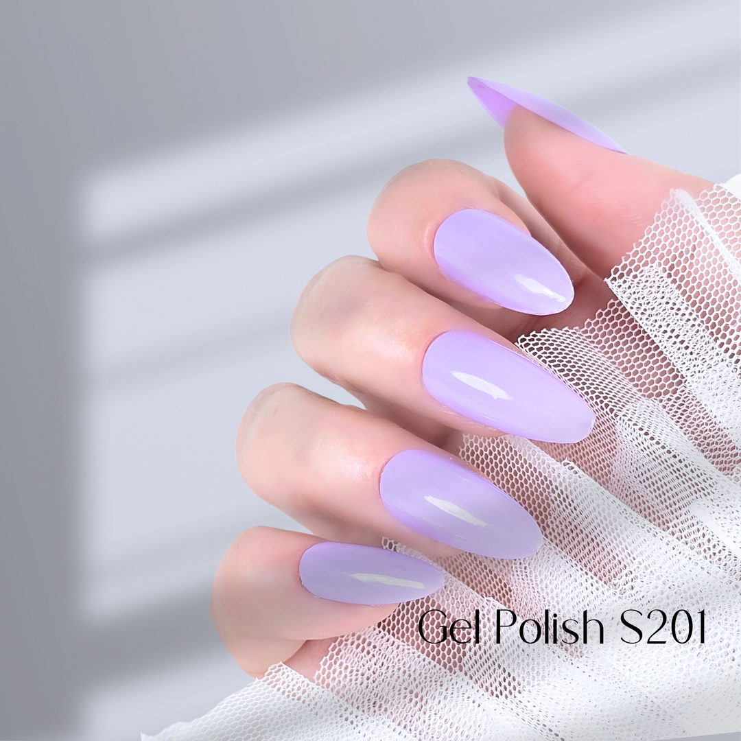 Close-up of manicured nails painted with Gel Polish S201, a soft lavender shade, paired with delicate white lace in a natural light setting.