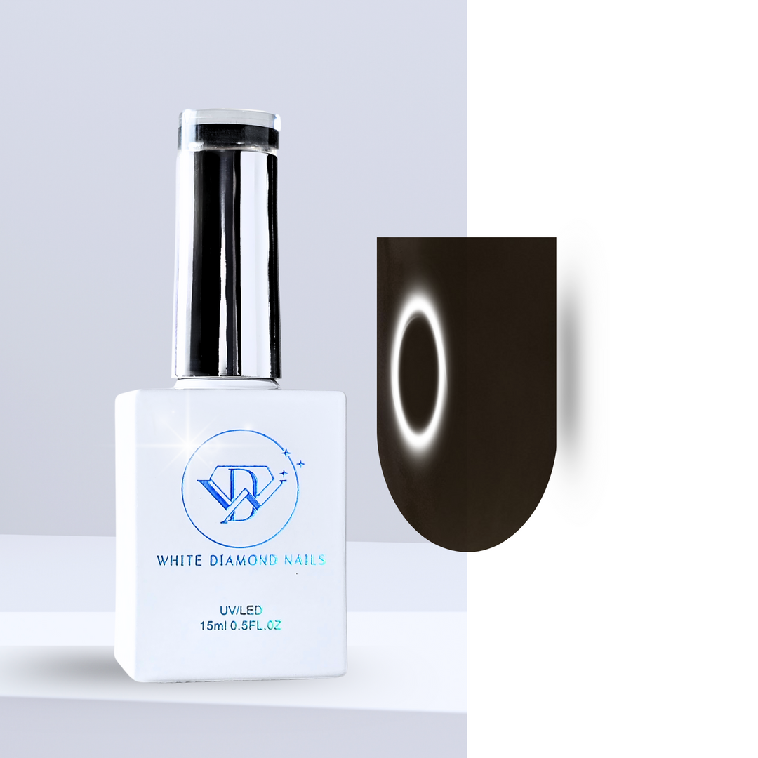 A bottle of White Diamond Nails Raven Coat Color Top, shade 02, featuring a sleek white design with a holographic logo. Displayed next to a nail swatch showcasing a bold, glossy black finish with an elegant shine, set against a minimalistic background.