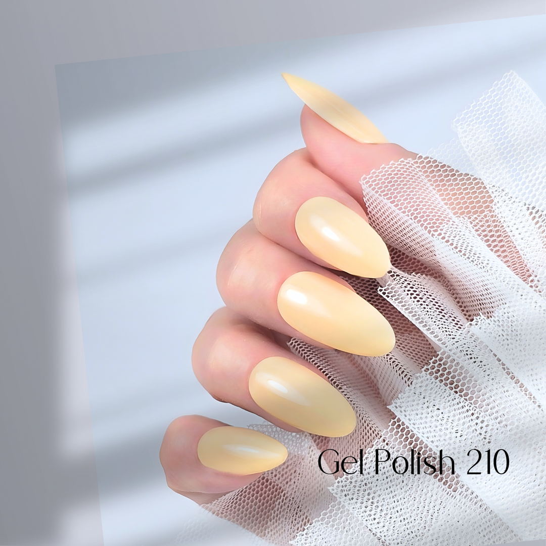 Four nails painted with White Diamond Nails gel polish in Moonlight, shade 210, arranged to highlight the creamy light yellow color with a smooth, glossy finish, creating a fresh and elegant look, set against a minimalist background.