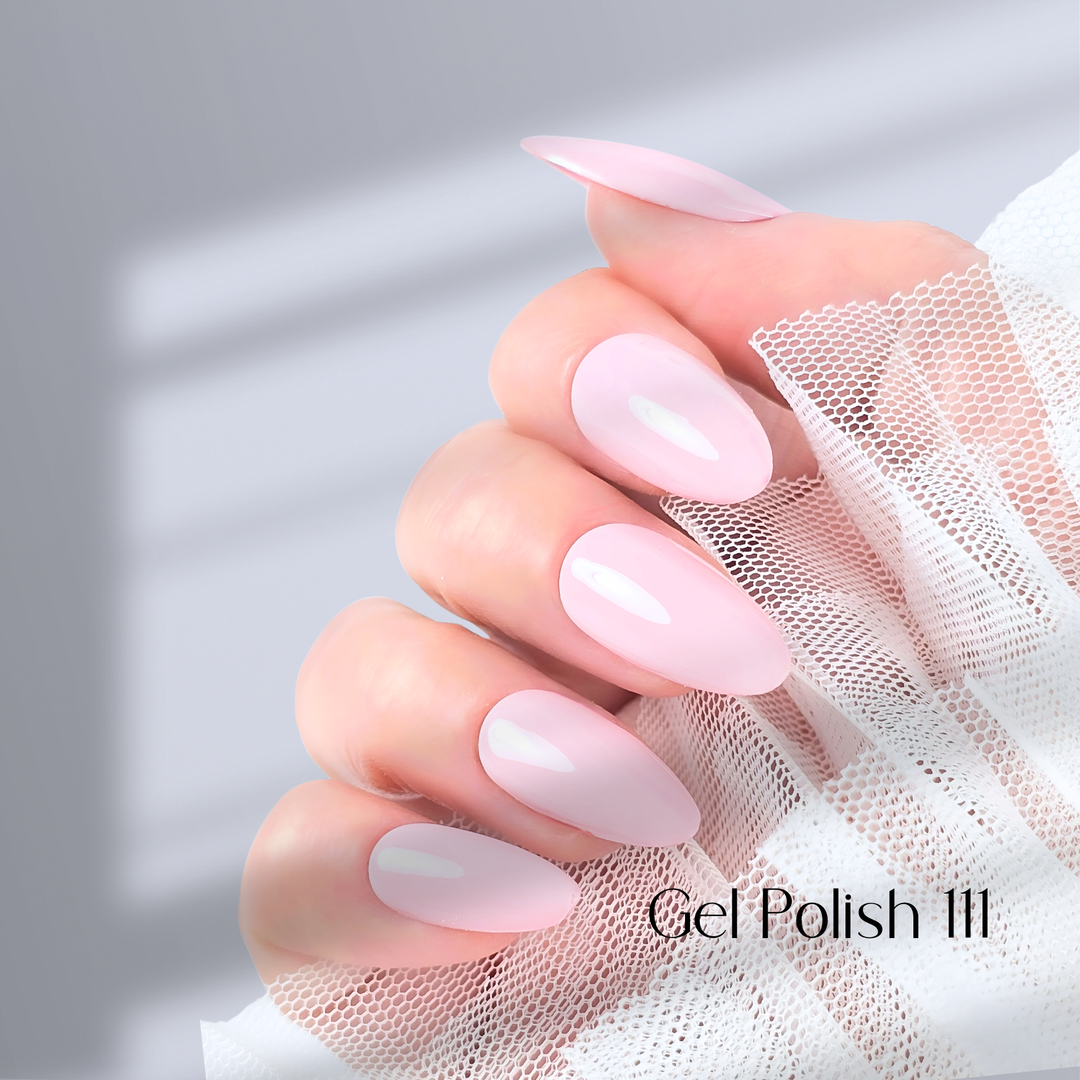 Four nails painted with White Diamond Nails gel polish in Rose Quartz, shade 111, showcasing a smooth, creamy pink finish with a flawless, glossy shine, arranged elegantly against a clean background.