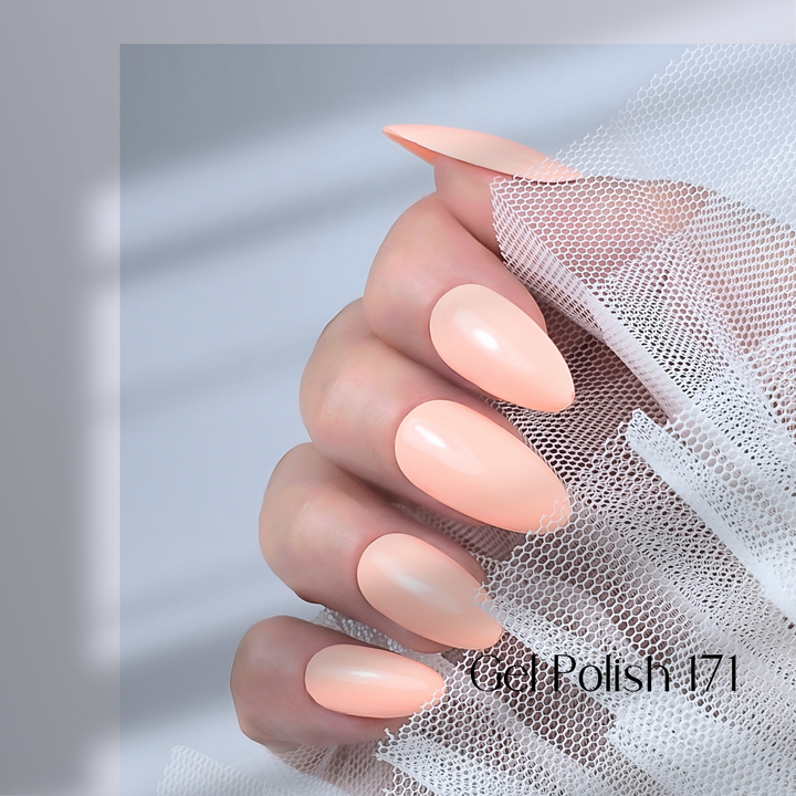 Four nails painted with White Diamond Nails gel polish in Spring Meadow, shade 171, arranged to highlight the delicate orange-pink color with a smooth, glossy finish, creating a soft and sophisticated look, set against a minimalist background.