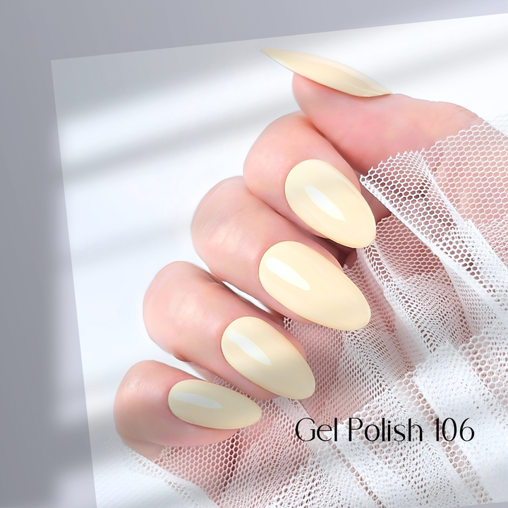 Four nails painted with White Diamond Nails gel polish in Mellow Yellow, shade 106, arranged neatly to highlight the smooth, creamy pastel yellow finish with a glossy shine, set against a minimal background.