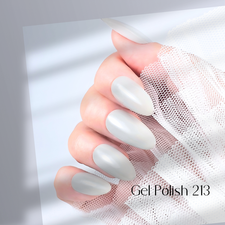 Four nails painted with White Diamond Nails gel polish in Rainy Clouds, shade 213, arranged to highlight the soft gray color with a smooth, glossy finish, creating a refined and sophisticated look, set against a minimalist background.