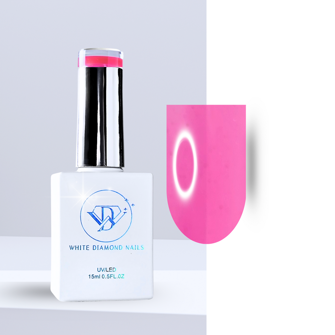 A bottle of White Diamond Nails Orchid Shine Color Top, shade 03, with a sleek white design and holographic logo. Displayed next to a nail swatch showcasing a vibrant magenta color with a radiant, glossy shine, set against a clean, modern background.