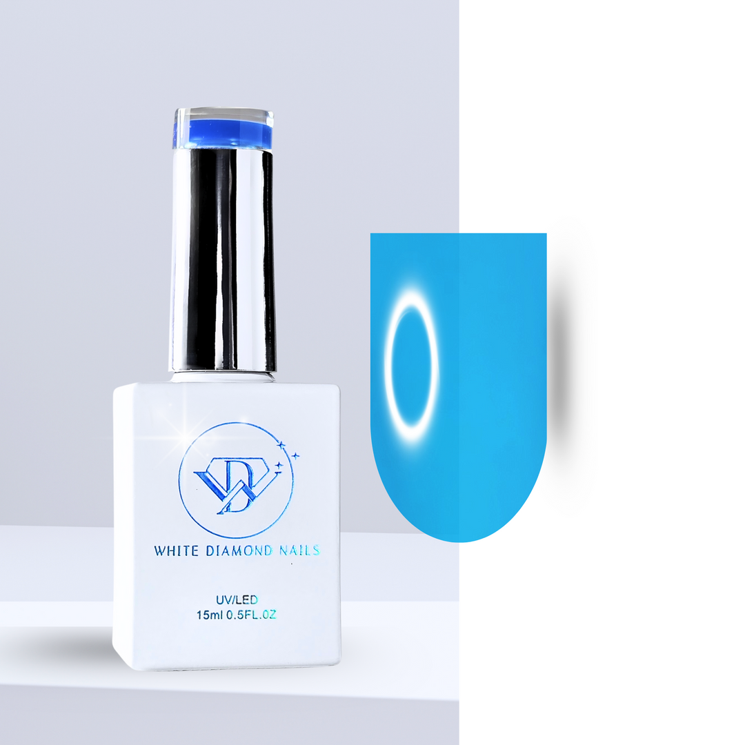 A bottle of White Diamond Nails Sea Glass Color Top, shade 05, featuring a sleek white design with a holographic logo. Displayed next to a nail swatch showcasing a light, translucent blue shade reminiscent of sea glass, with a smooth, glossy finish, set against a clean and modern background.