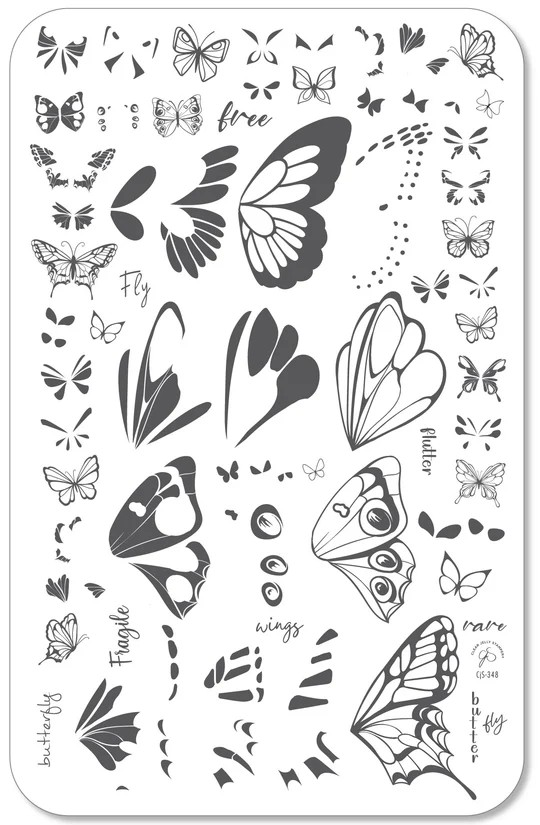 Clear Jelly Stamper CJS-348 Wing It! stamping plate in black and white, highlighting detailed butterfly wing patterns.