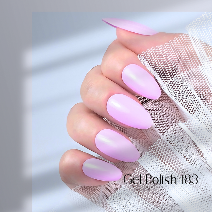 Four nails painted with White Diamond Nails gel polish in Berry Delight, shade 183, arranged to highlight the creamy pinkish-lavender color with a smooth, glossy finish, creating a soft and sophisticated look, set against a minimalist background.