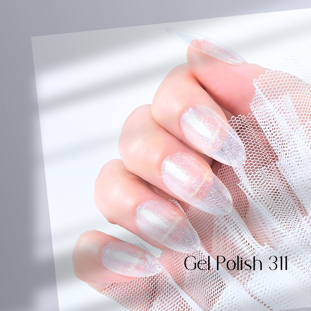 Four nails painted with White Diamond Nails gel polish in Sooo Pretty, shade 311, arranged to display the sheer white base infused with fine glitter, creating a subtle and elegant sparkle, set against a minimalist background.