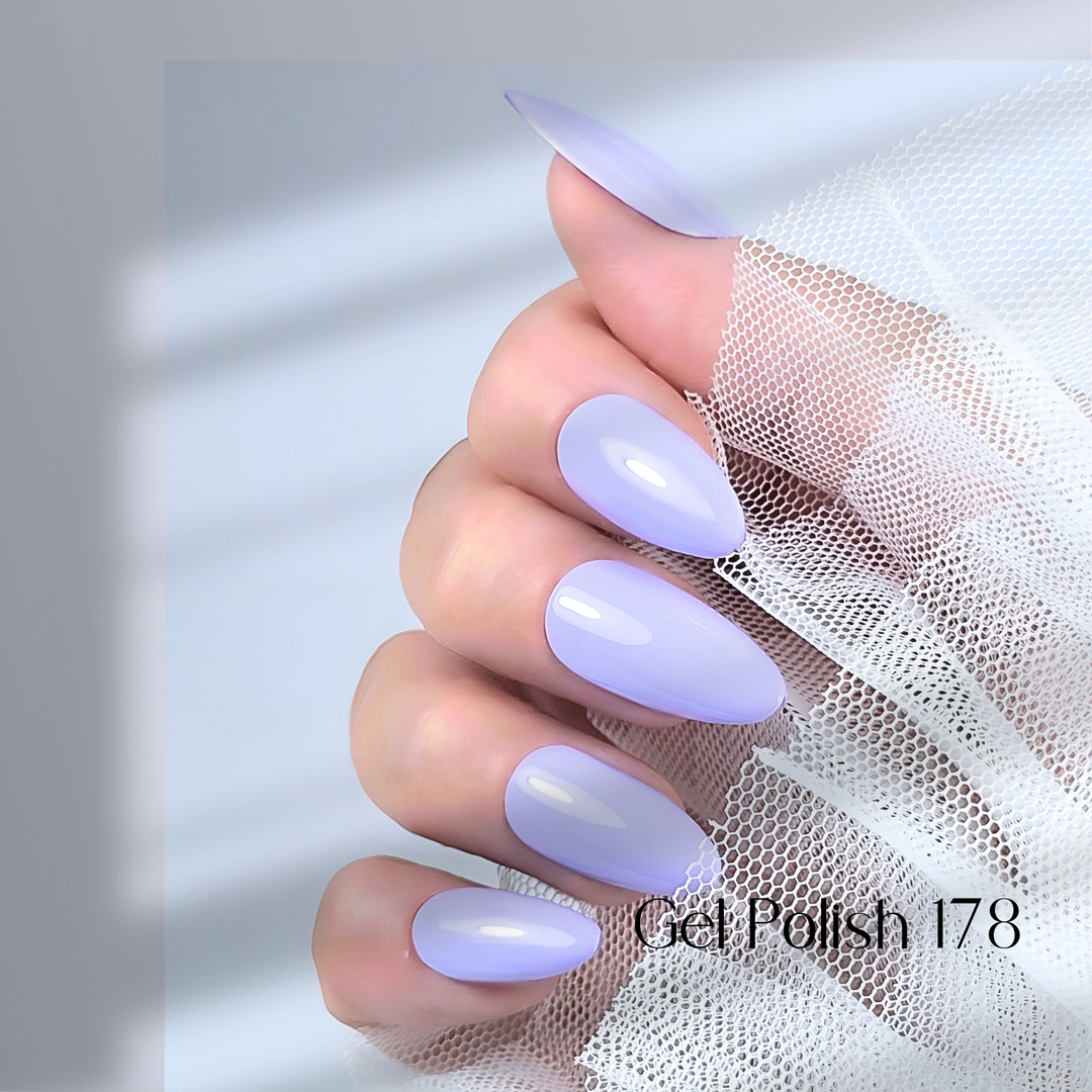 Four nails painted with White Diamond Nails gel polish in Vibrant Lavender, shade 178, arranged to highlight the light lavender color with a smooth, glossy finish, creating a soft and sophisticated look, set against a minimalist background.