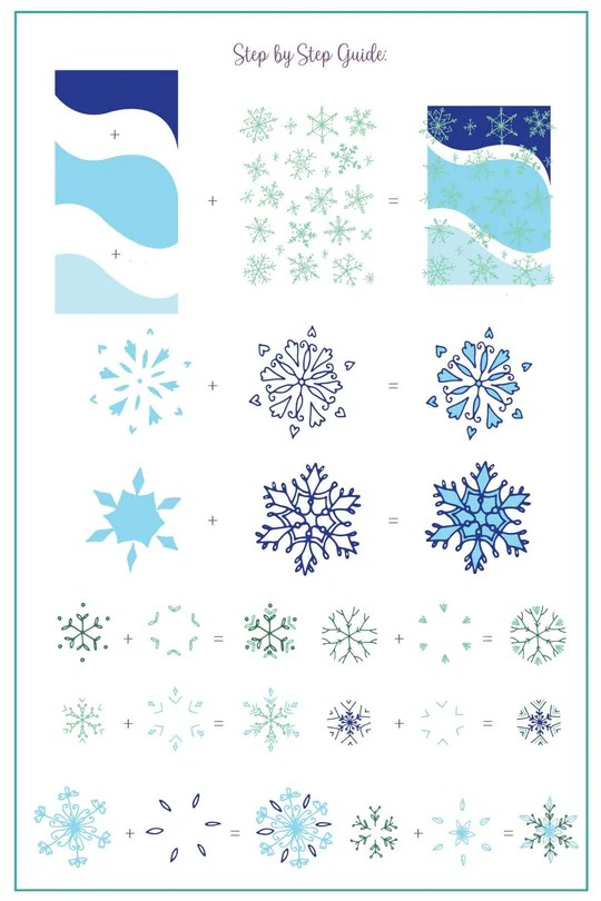 Step-by-step guide using the Clear Jelly Stamper CjS-328 Perfectly Imperfect stamping plate, demonstrating how to layer delicate snowflakes for beautiful winter-themed nail art.