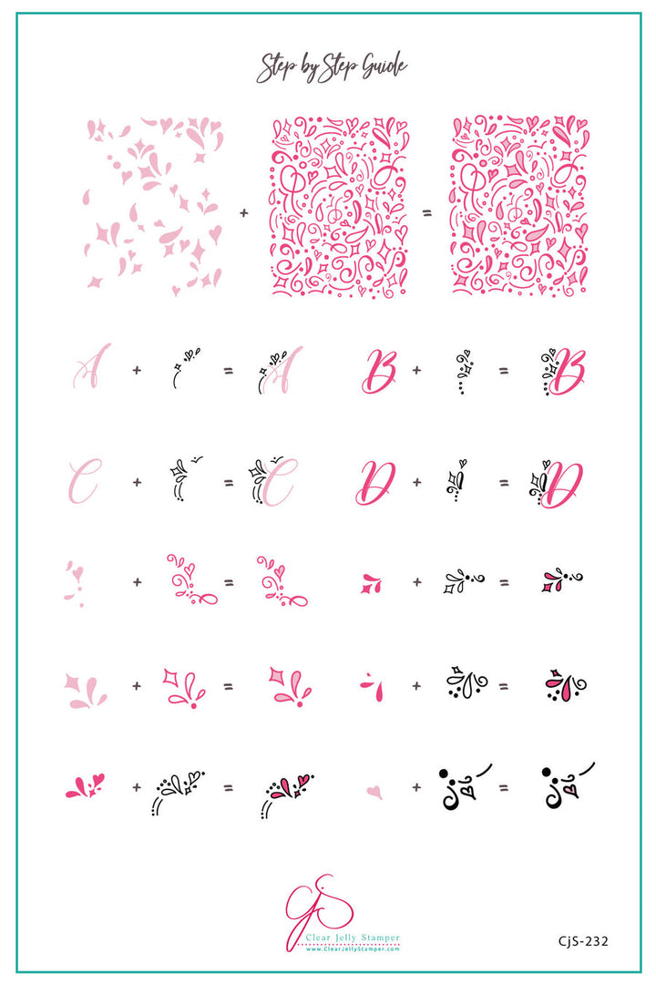 Step-by-step guide using the Clear Jelly Stamper CJS-232 Alphabet - Twirly Swirly stamping plate, showing how to layer swirly letters for personalized nail art.