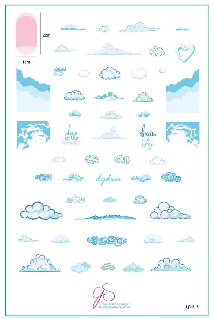 Close-up of the Clear Jelly Stamper CjS-306 Head in the Clouds Stamping Plate showing cloud patterns and airy details, accompanied by placement sheet, inspiration guide, and premium backing.