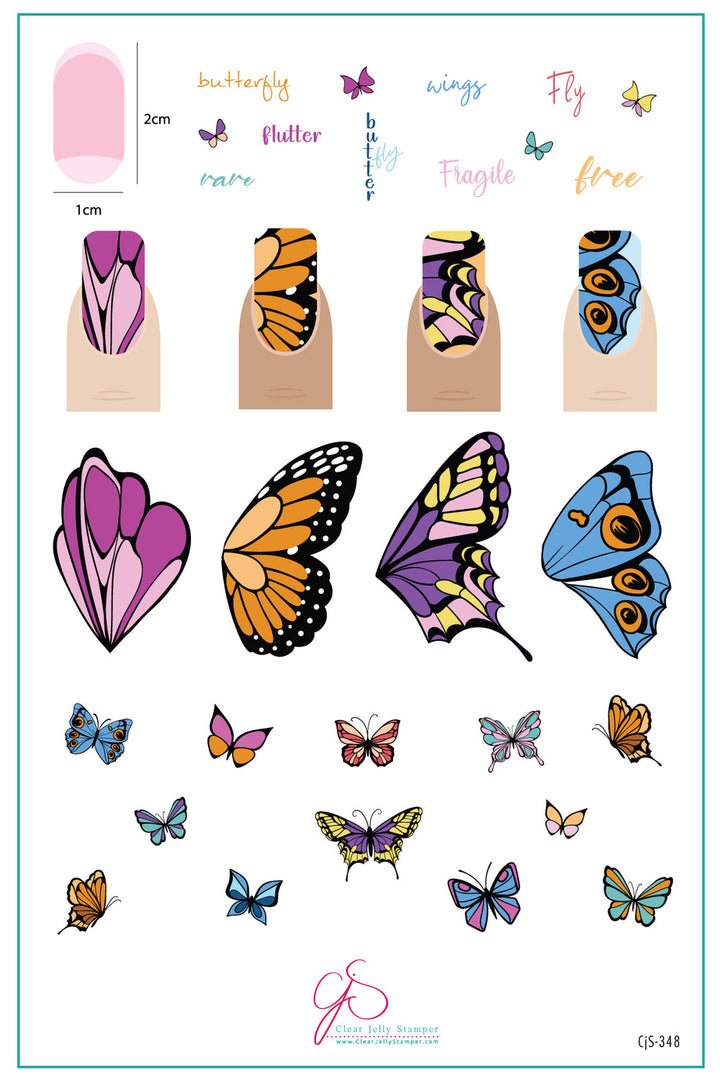 Clear Jelly Stamper CJS-348 Wing It! stamping plate showcasing delicate butterfly and wing patterns, perfect for vibrant and playful nail art.