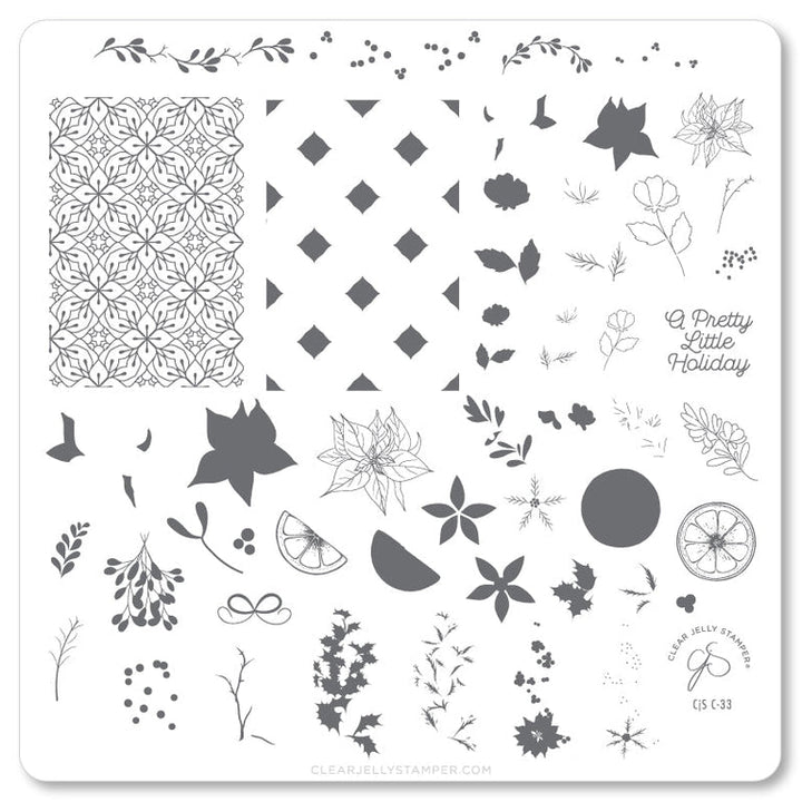 Clear Jelly Stamper CJSC-33 A Pretty Little Holiday stamping plate in black and white, highlighting intricate holiday patterns for seasonal nail art.