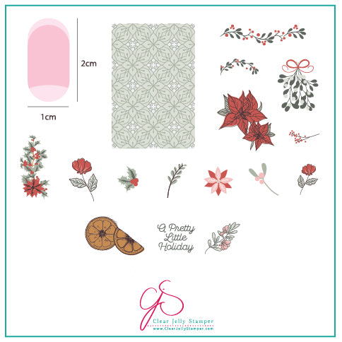 Clear Jelly Stamper CJSC-33 A Pretty Little Holiday stamping plate showcasing poinsettias, mistletoe, holly, and fruit slices, perfect for elegant holiday nail art.