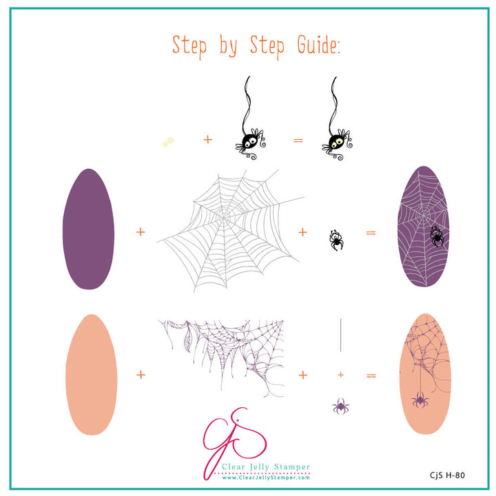 Step-by-step guide using the Clear Jelly Stamper CJSH-80 Creepy Crawly stamping plate, demonstrating how to layer spider and web designs for spooky nail art.