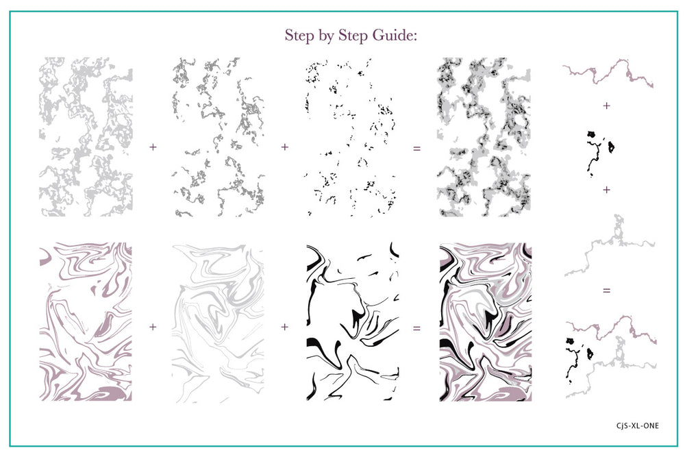 Step-by-step guide using the Clear Jelly Stamper CJS-XL-ONE stamping plate, demonstrating how to layer marble textures for sophisticated manicures.