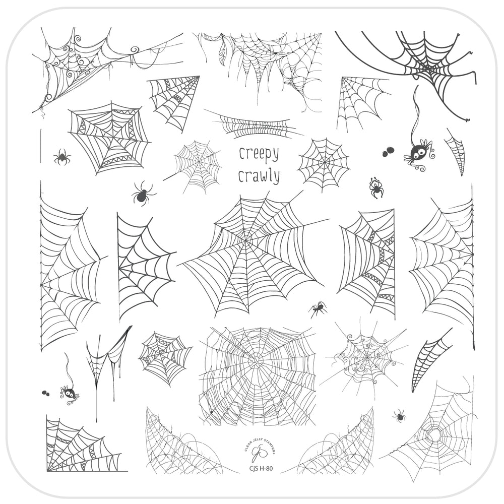 Clear Jelly Stamper CJSH-80 Creepy Crawly stamping plate in black and white, highlighting intricate spider and web motifs for detailed Halloween nail art.