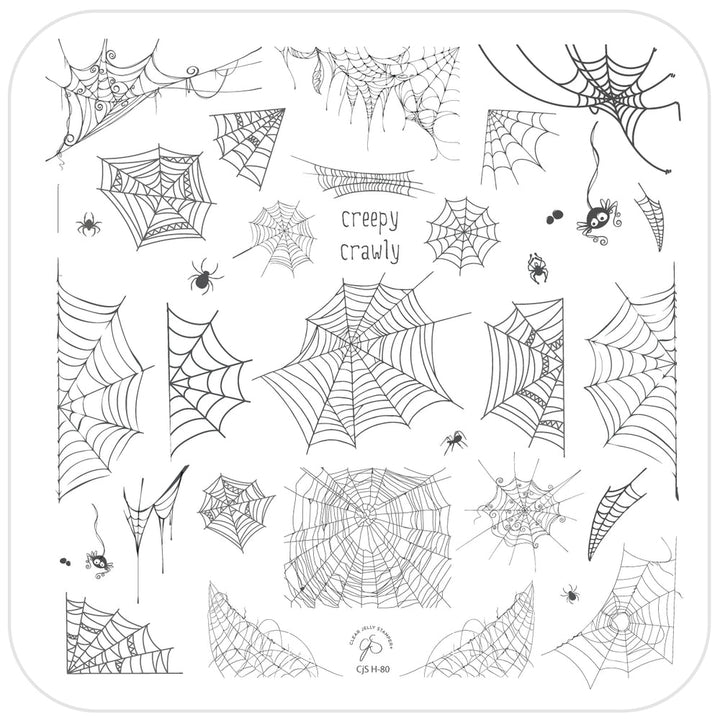 Clear Jelly Stamper CJSH-80 Creepy Crawly stamping plate in black and white, highlighting intricate spider and web motifs for detailed Halloween nail art.