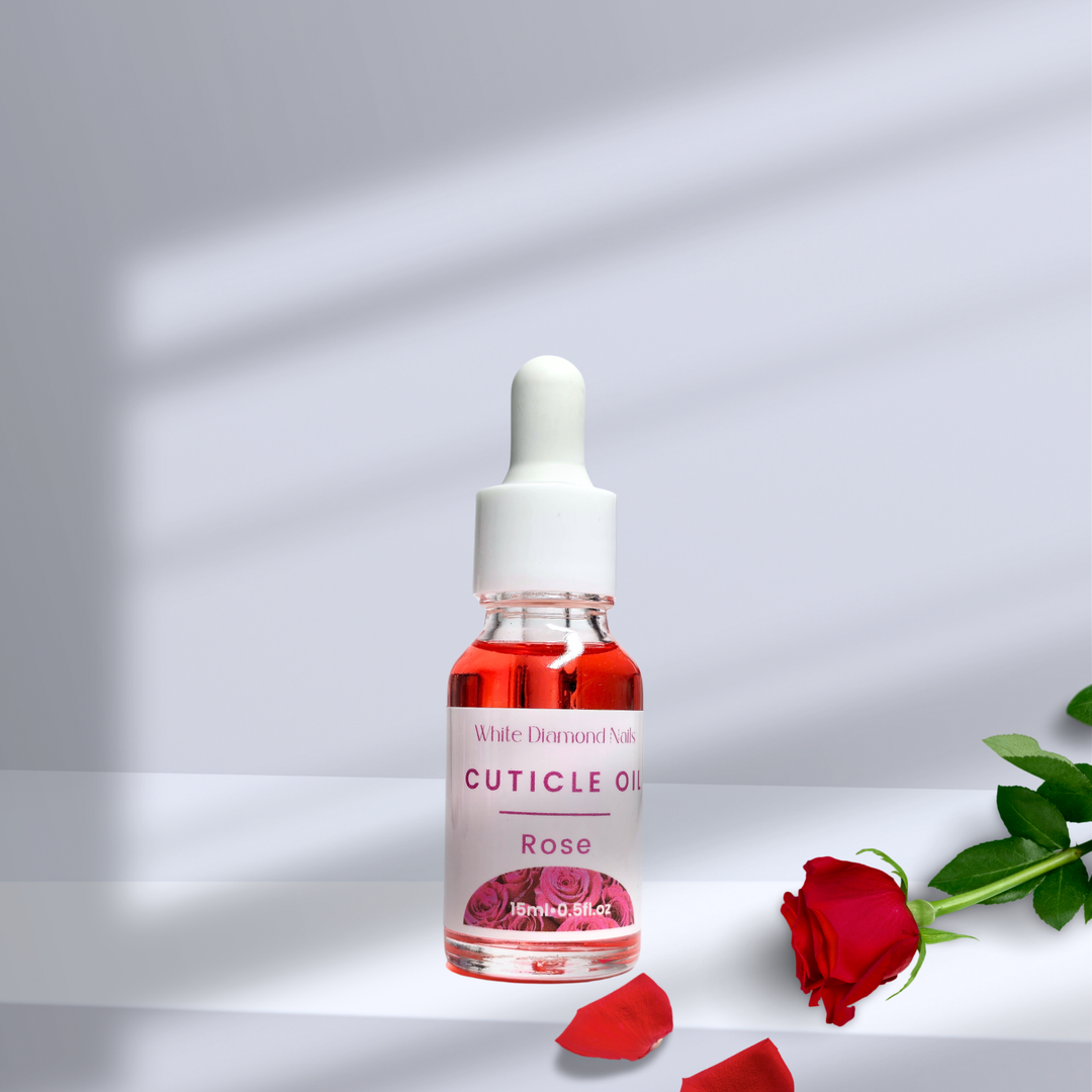 Rose cuticle oil with dropper for healthy cuticles and nails – moisturizing, nourishing, and hydrating oil enriched with rose extract.