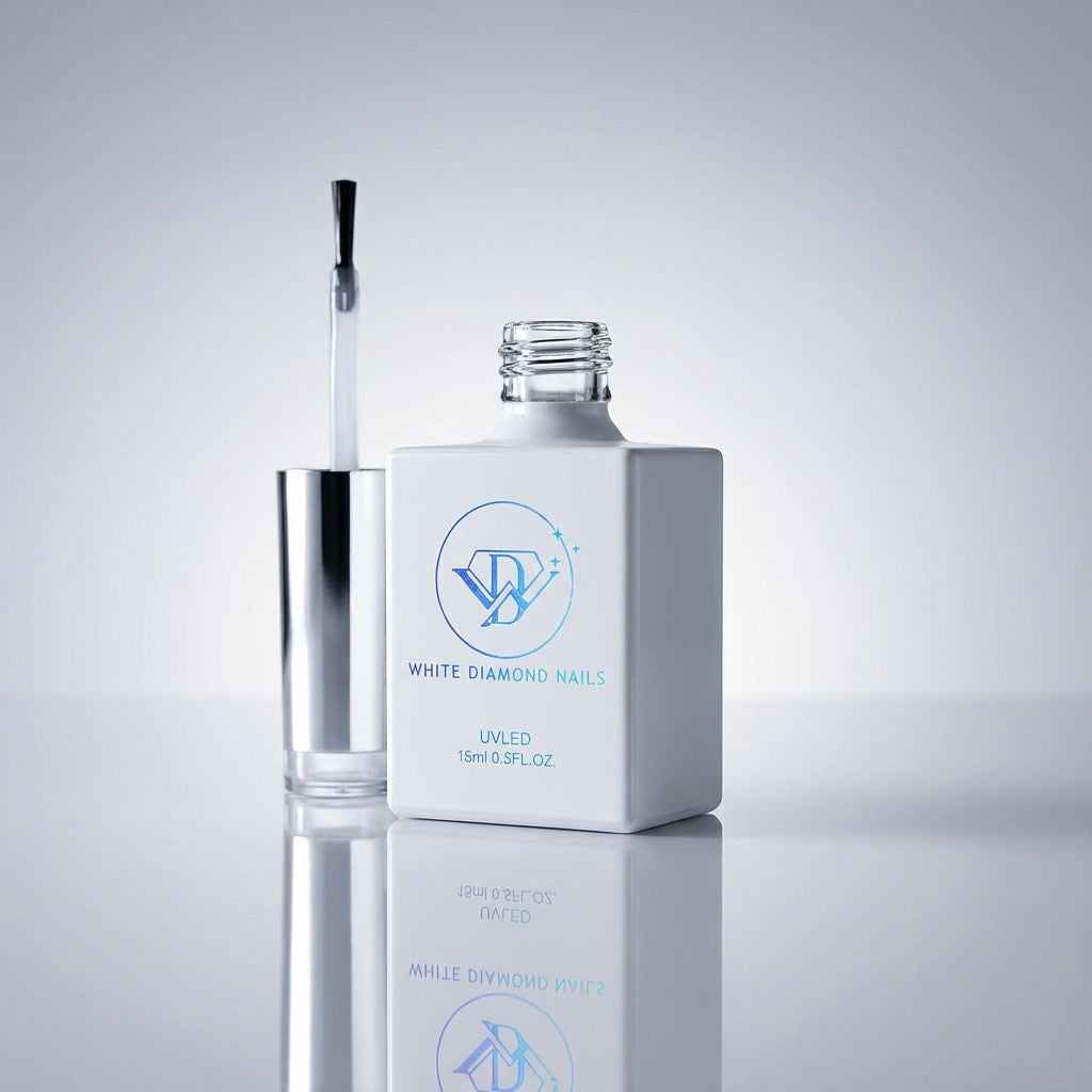 Diamond Top Coat by White Diamond Nails, high-gloss non-wipe top coat bottle shown open with brush, designed to seal structured hard gel systems