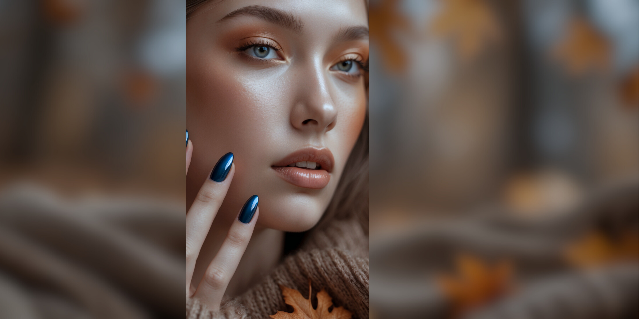 Model with almond-shaped nails painted in Indigo Dream S207 deep blue lavender-scented gel polish, hand touching face, cozy fall background with warm autumn tones, luxury nail product by White Diamond Nails