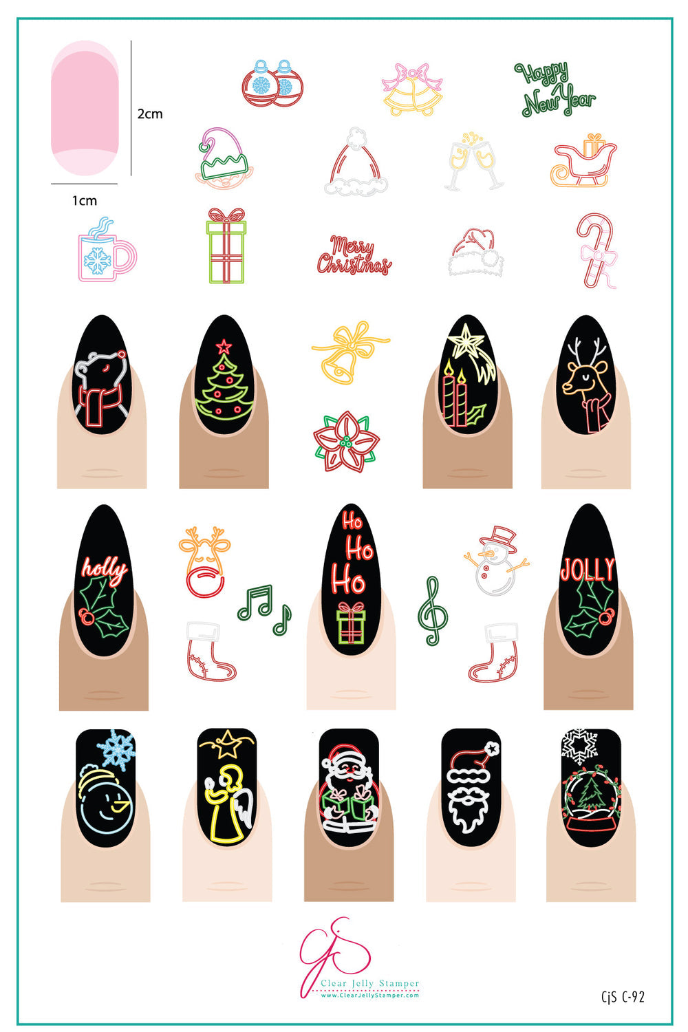 A steel nail art stamping plate titled "Neon Christmas" (CjSC-92) featuring bold, layered designs of Christmas motifs, including glowing ornaments, electrified snowflakes, and luminous festive patterns, perfect for creating vibrant holiday nail art.