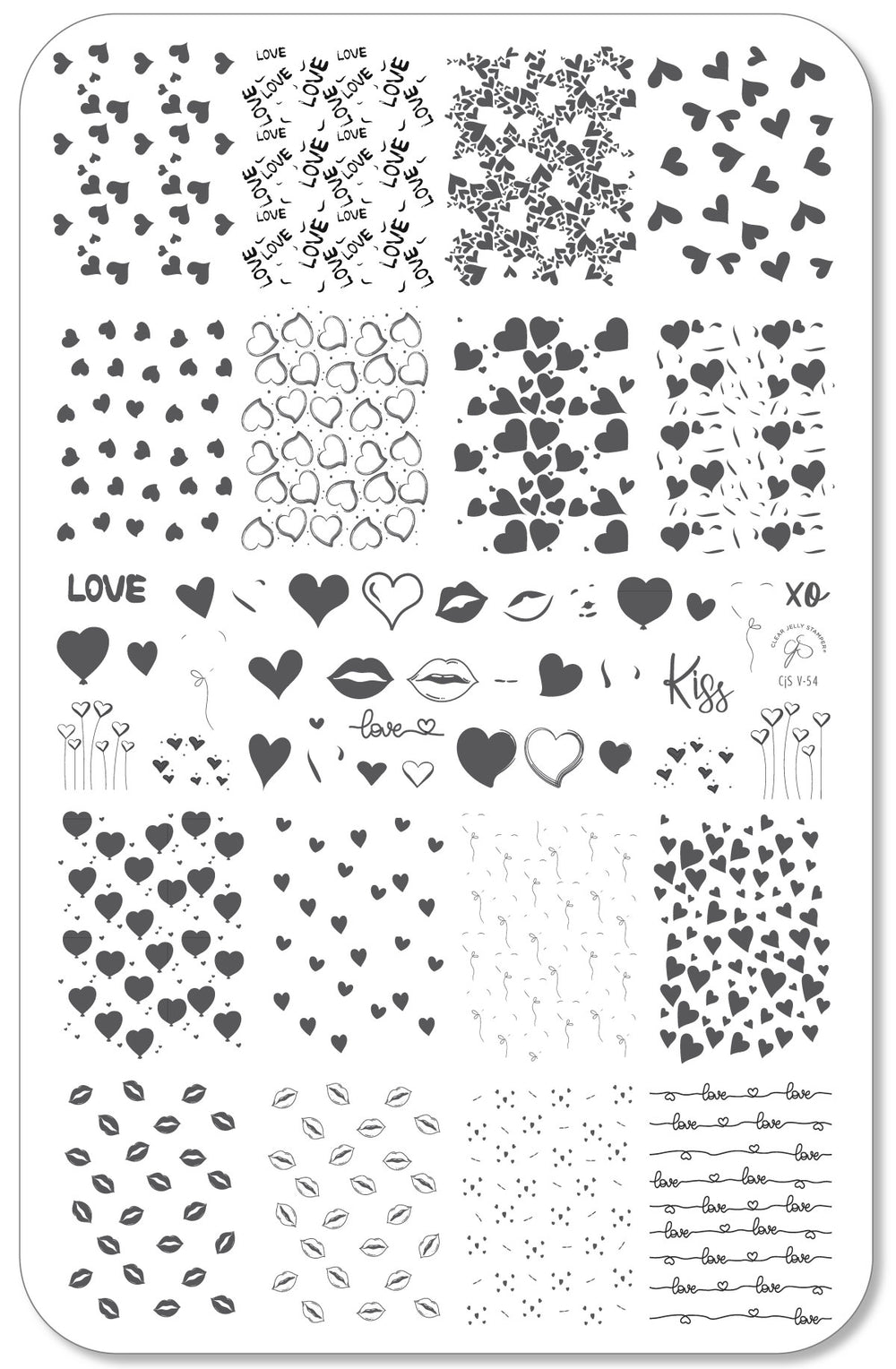 A grayscale version of the CjSV-54 Lovestruck stamping plate, highlighting its intricate heart designs, layered lip prints, romantic typography, and various decorative patterns for Valentine's and love-inspired nail art.