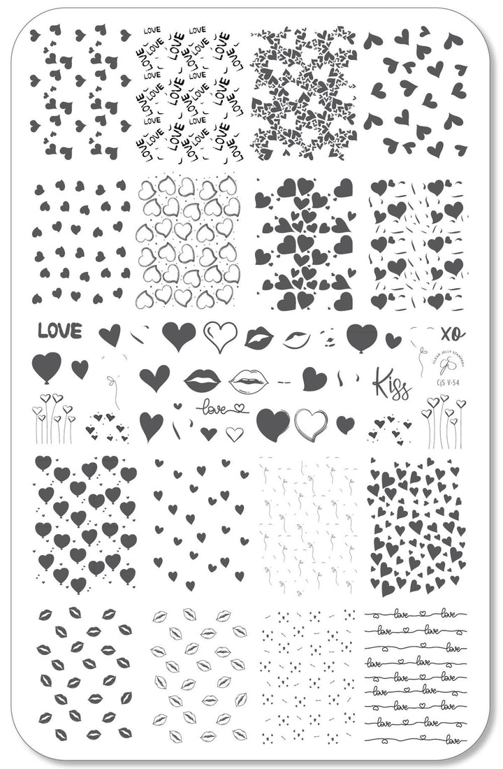 A grayscale version of the CjSV-54 Lovestruck stamping plate, highlighting its intricate heart designs, layered lip prints, romantic typography, and various decorative patterns for Valentine's and love-inspired nail art.