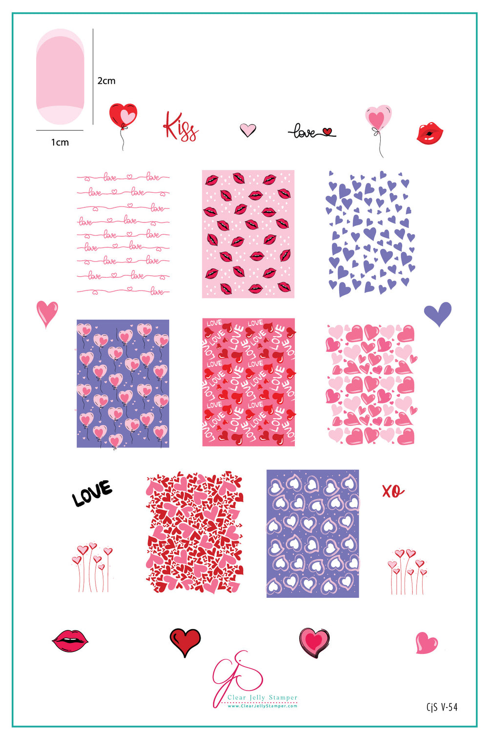 A visual guide showcasing how to layer different elements from the CjSV-54 Lovestruck stamping plate. It illustrates how combining heart patterns, lips, and romantic motifs creates intricate and multi-dimensional nail art designs.