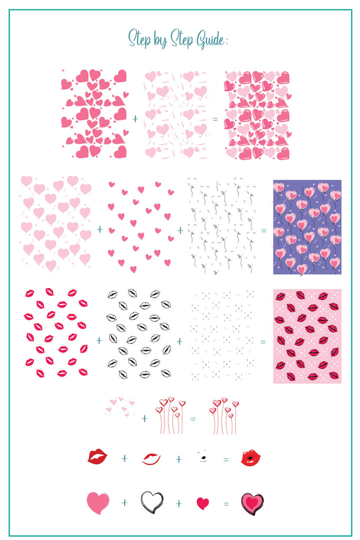 A colorful preview of the CjSV-54 Lovestruck stamping plate. Features multiple love-themed designs such as hearts, lips, "love" script text, balloons, and abstract heart-filled patterns in pink, purple, and red tones.