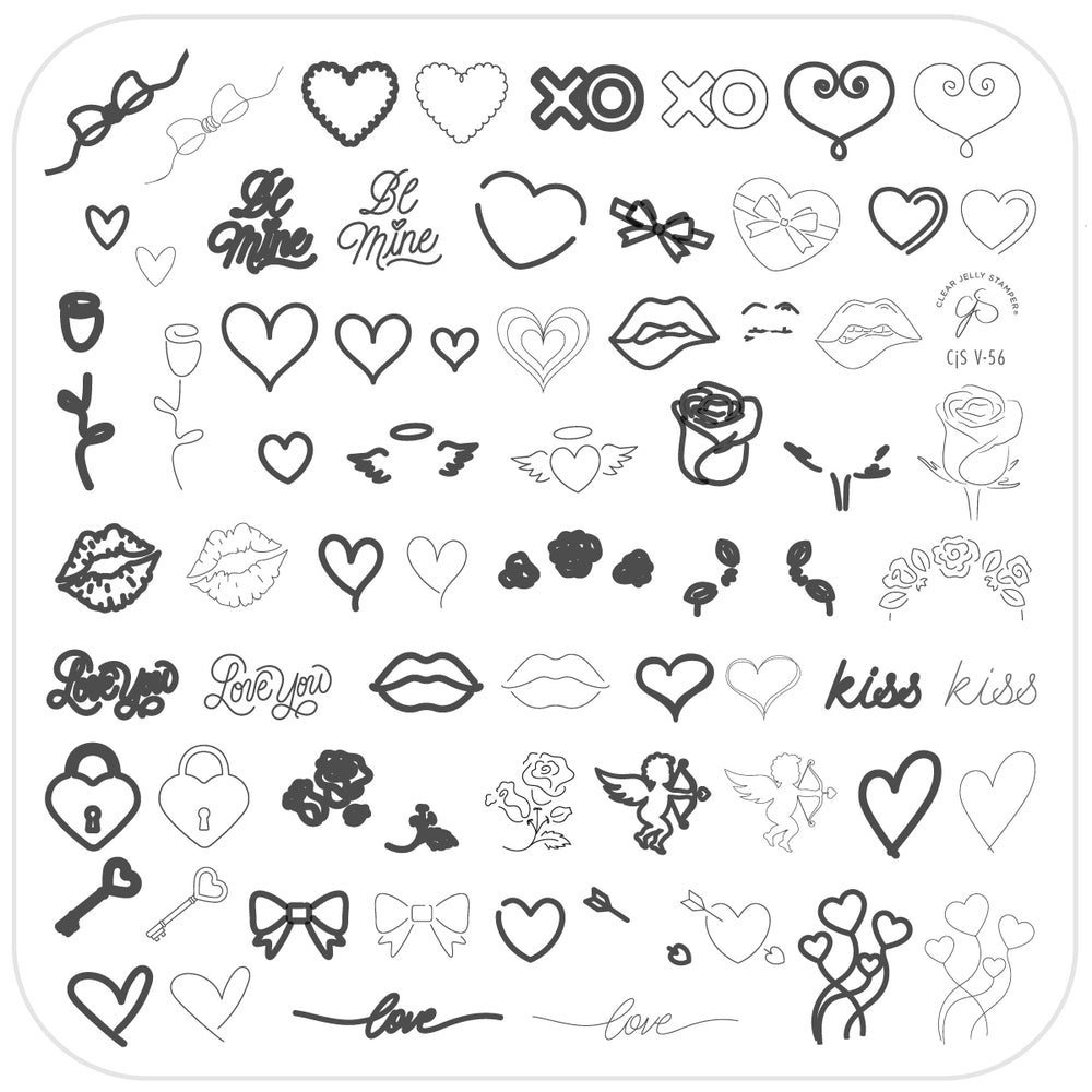 A grayscale image of the CjSV-56 Neon Love stamping plate featuring various love-themed designs. It includes hearts, lips, roses, bows, lock and key motifs, angel wings, cherubs, and romantic script text such as "Love," "Kiss," and "Be Mine." Ideal for creating layered, neon-inspired nail art.