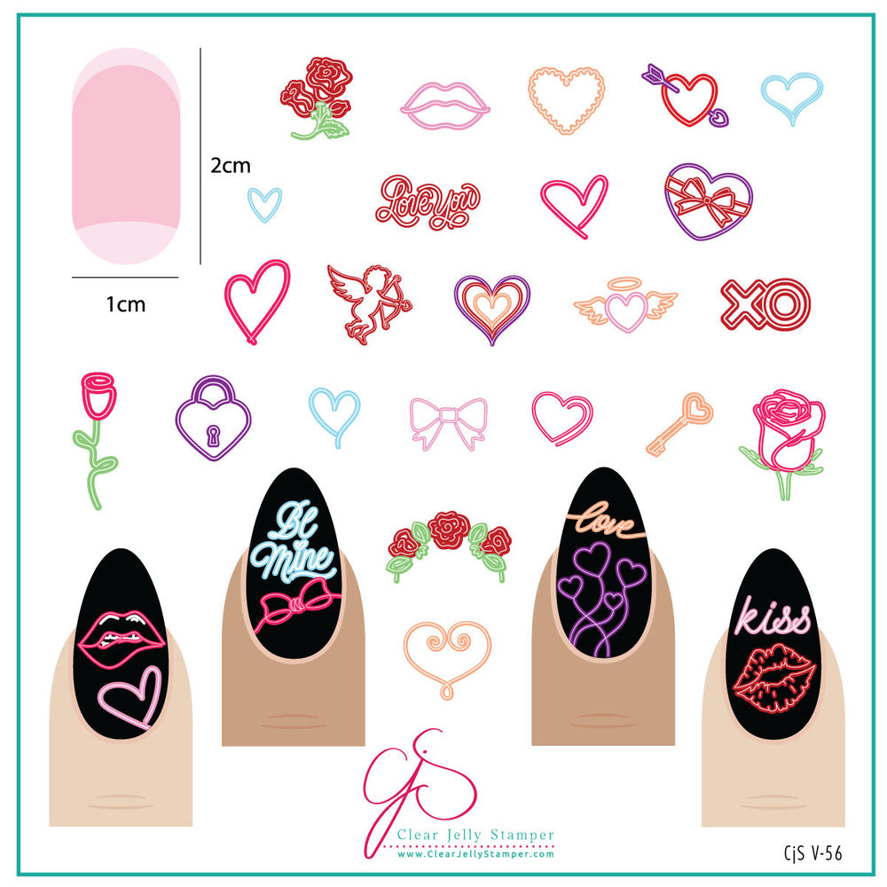 A vibrant, full-color preview of the CjSV-56 Neon Love stamping plate. The designs include neon-style lips, glowing hearts, roses with green stems, love locks, bows, and angel wings, all in bold and bright neon shades. At the bottom, example nail designs show how the elements can be combined for striking layered art.