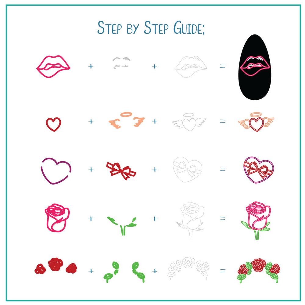 A visual step-by-step guide demonstrating how to layer the different elements from the CjSV-56 Neon Love stamping plate. It illustrates how adding outlines, shadows, and color details can create 3D-like neon effects with lips, hearts, roses, angel wings, and bows.