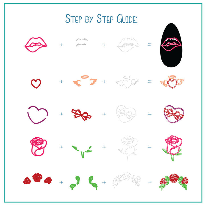 A visual step-by-step guide demonstrating how to layer the different elements from the CjSV-56 Neon Love stamping plate. It illustrates how adding outlines, shadows, and color details can create 3D-like neon effects with lips, hearts, roses, angel wings, and bows.