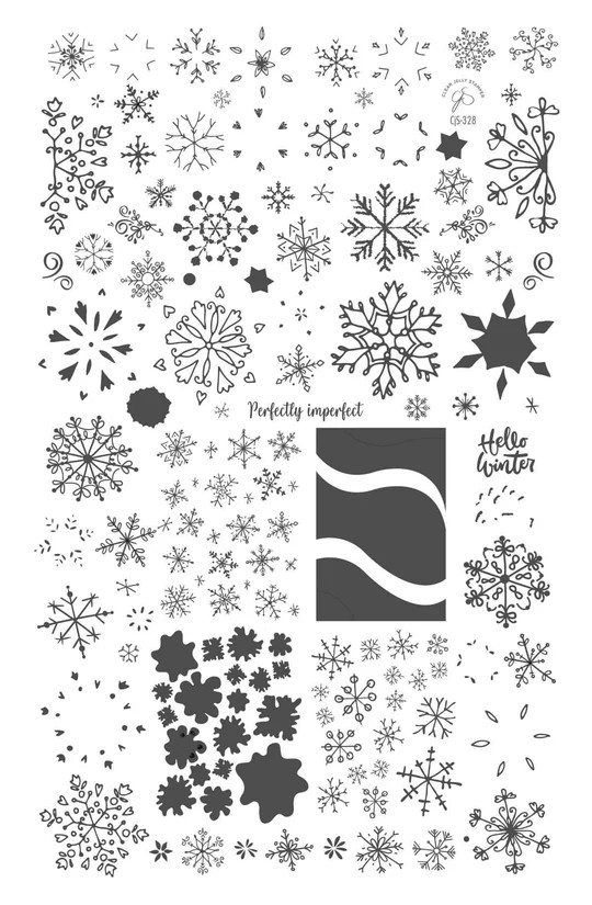 Clear Jelly Stamper CjS-328 Perfectly Imperfect stamping plate in black and white, showcasing intricate snowflake designs for seasonal nail art.