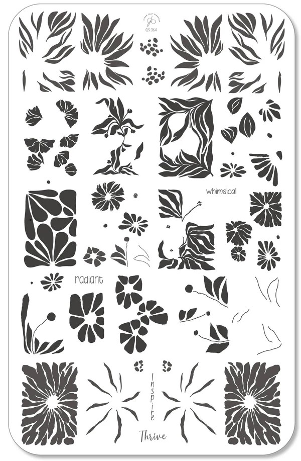 Clear Jelly Stamper CjS-364 Inspire - Floral stamping plate in black and white, showcasing detailed floral patterns for refined nail art.