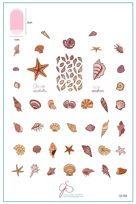 Clear Jelly Stamper CjS-368 She Sells Seashells stamping plate featuring intricate seashell and ocean-themed patterns, perfect for coastal-inspired nail art.