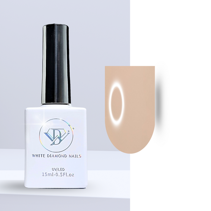 A bottle of White Diamond Nails gel polish in Sunday Latte, shade 211, featuring a sleek white design with a holographic logo. The polish showcases a creamy, warm latte brown hue, perfect for a neutral and sophisticated manicure, set against a clean background.