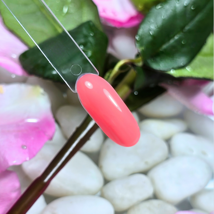 A bold coral pink gel polish swatch with a high-shine, creamy finish, displayed on a clear nail tip. The floral background of fresh green leaves, soft pink petals, and water-drenched white pebbles enhances the vibrancy and energy of this striking shade.