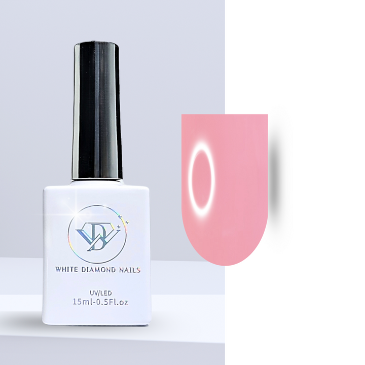 A bottle of White Diamond Nails gel polish in I Have a Crush on You, shade 207, featuring a sleek white design with a holographic logo. The polish showcases a soft, muted coral-pink hue with a creamy finish, perfect for a romantic and elegant manicure, set against a clean background.