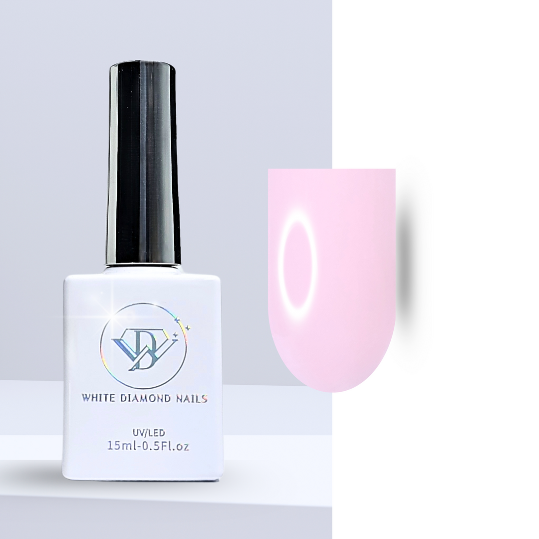 A bottle of White Diamond Nails gel polish in Rose Quartz, shade 111, featuring a sleek white design with a holographic logo. The polish showcases a soft, creamy pink hue, perfect for a classic and sophisticated look, displayed against a clean, modern background.