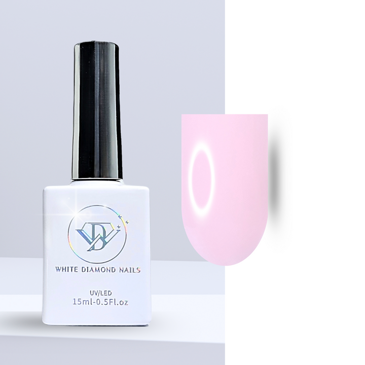 A bottle of White Diamond Nails gel polish in Rose Quartz, shade 111, featuring a sleek white design with a holographic logo. The polish showcases a soft, creamy pink hue, perfect for a classic and sophisticated look, displayed against a clean, modern background.