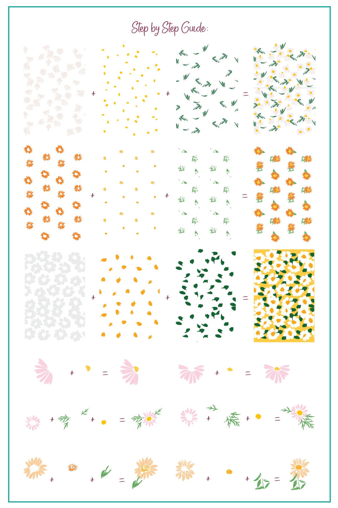 Step-by-step layering guide for the Crazy for Daisies stamping plate showing how to build daisy designs using petal, center, and leaf layers