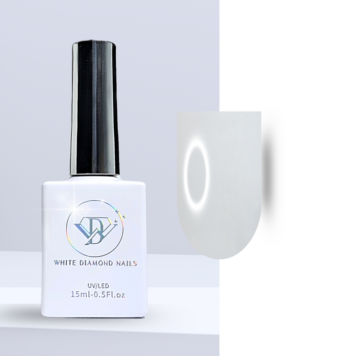 A bottle of White Diamond Nails gel polish in Rainy Clouds, shade 213, featuring a sleek white design with a holographic logo. The polish showcases a creamy, soft gray hue, perfect for a neutral and elegant manicure, set against a clean background.