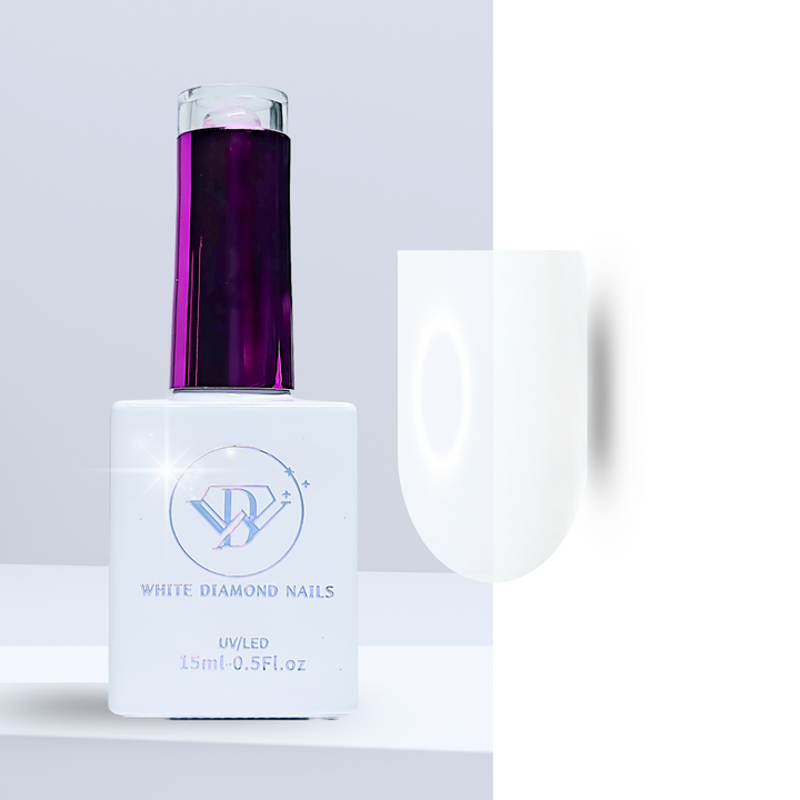 A jar of White Diamond Nails Builder Gel in Clouded Pearl, shade 10, featuring a sleek white design with a holographic logo. Displayed next to a swatch showcasing a soft, pearly white hue with a subtle shimmer, perfect for elegant nail overlays, set against a minimalist background.