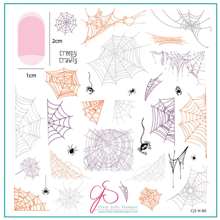 Clear Jelly Stamper CJSH-80 Creepy Crawly stamping plate showcasing playful spider and web patterns, perfect for eerie and festive Halloween nail art.
